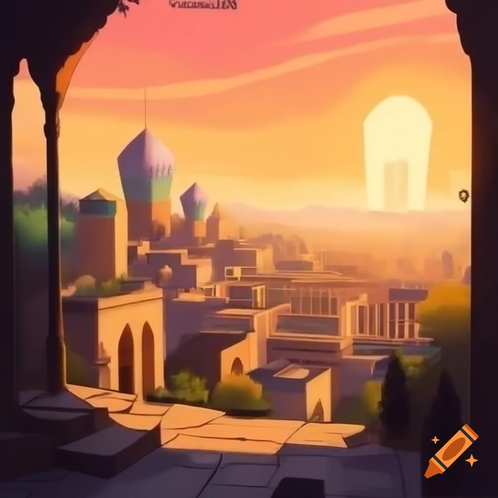 Shiraz city skyline at sunrise in painterly style
