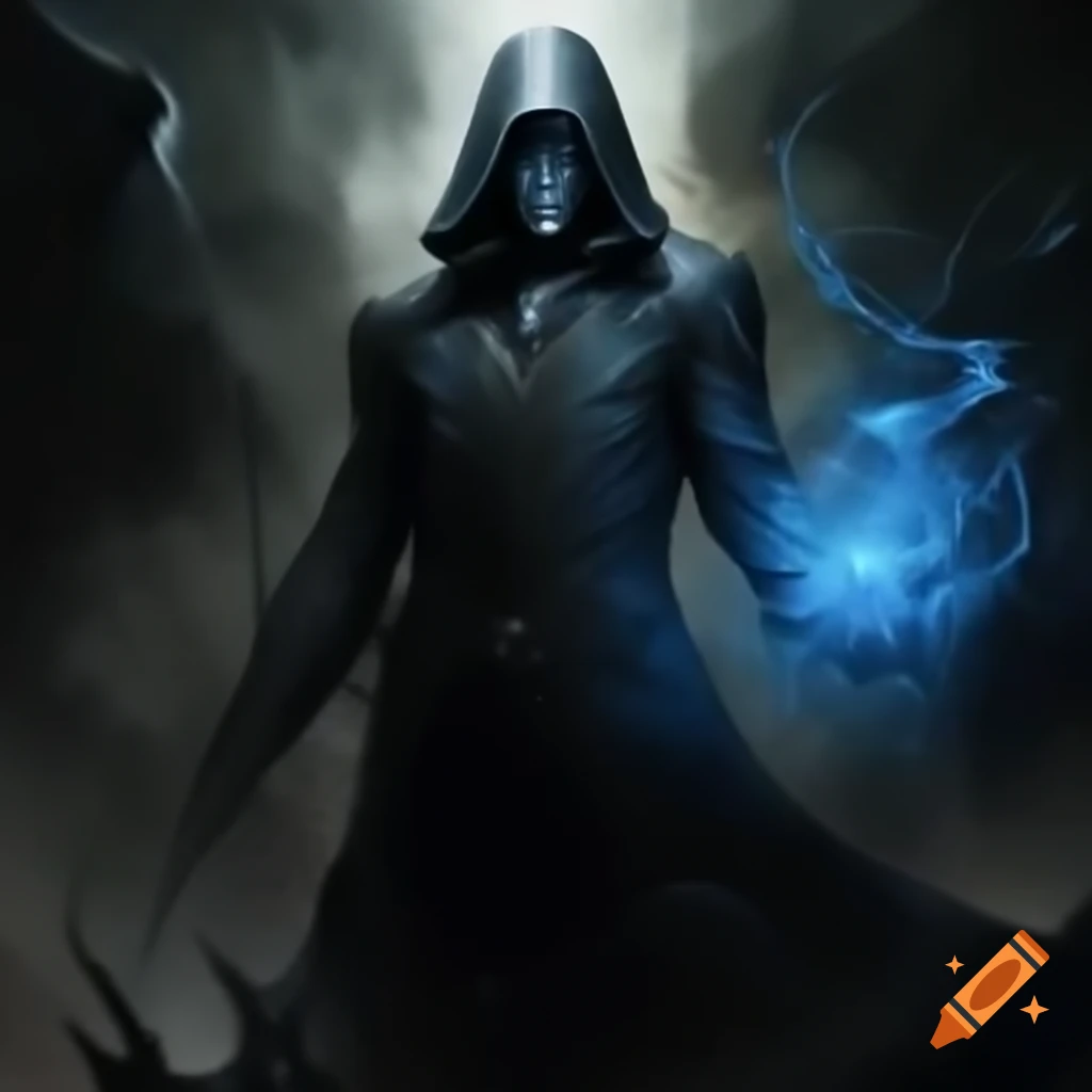 Malevolent figure cloaked in shadows wielding blue energy and obsidian claws