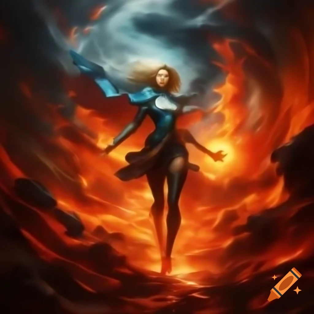 Powerful figure in azure and jet walking on lava fields