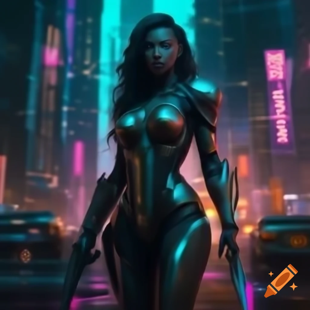 Futuristic warrior in cyborg armor in neon cityscape