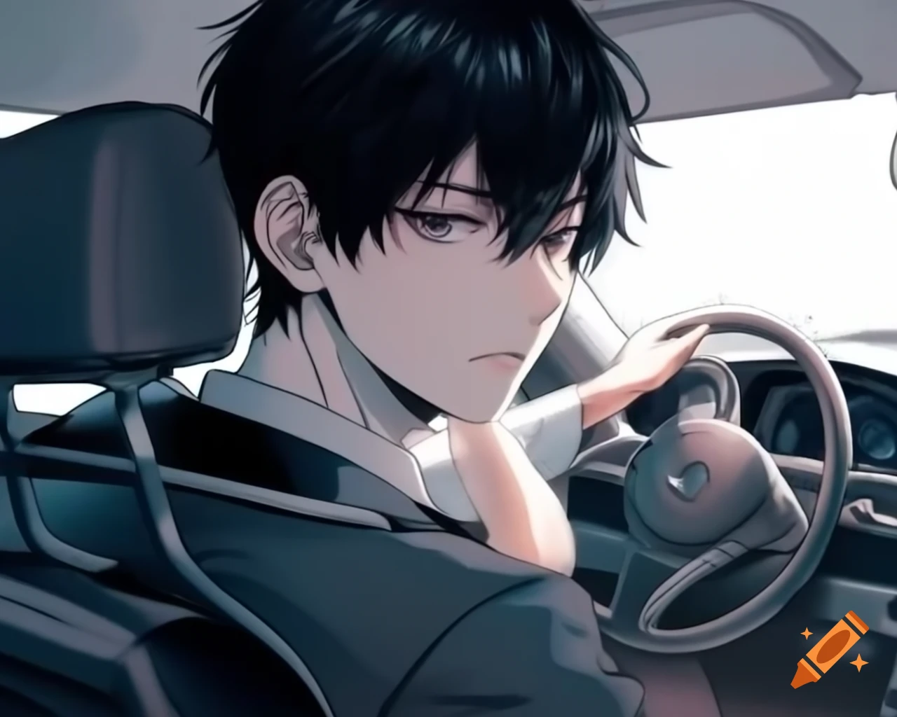 Handsome man with black hair looking nervous in driver's seat of a car, manga style