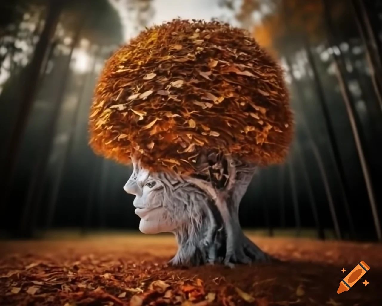 Tree leaves and branches resembling a head sculpture in autumn golden light