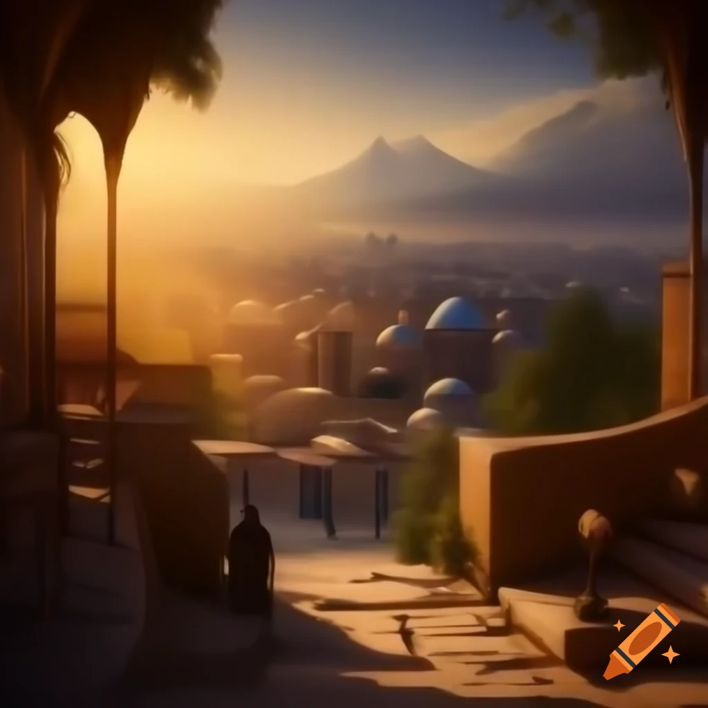 Shiraz city skyline at sunrise with warm sunlight and painterly style