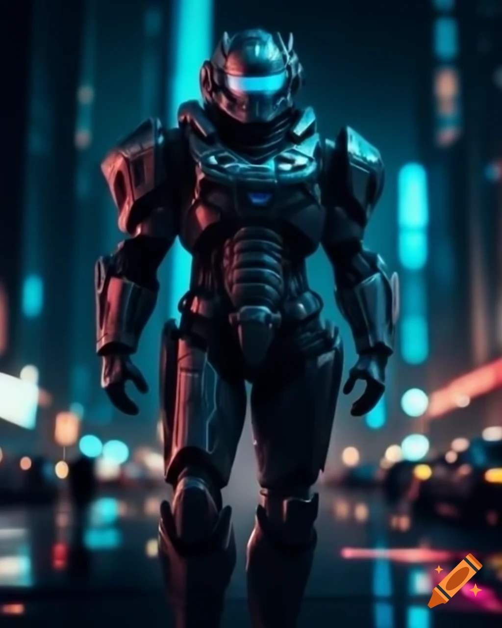 Cybernetic soldier in midnight armor silhouetted against iridescent city with neon lights