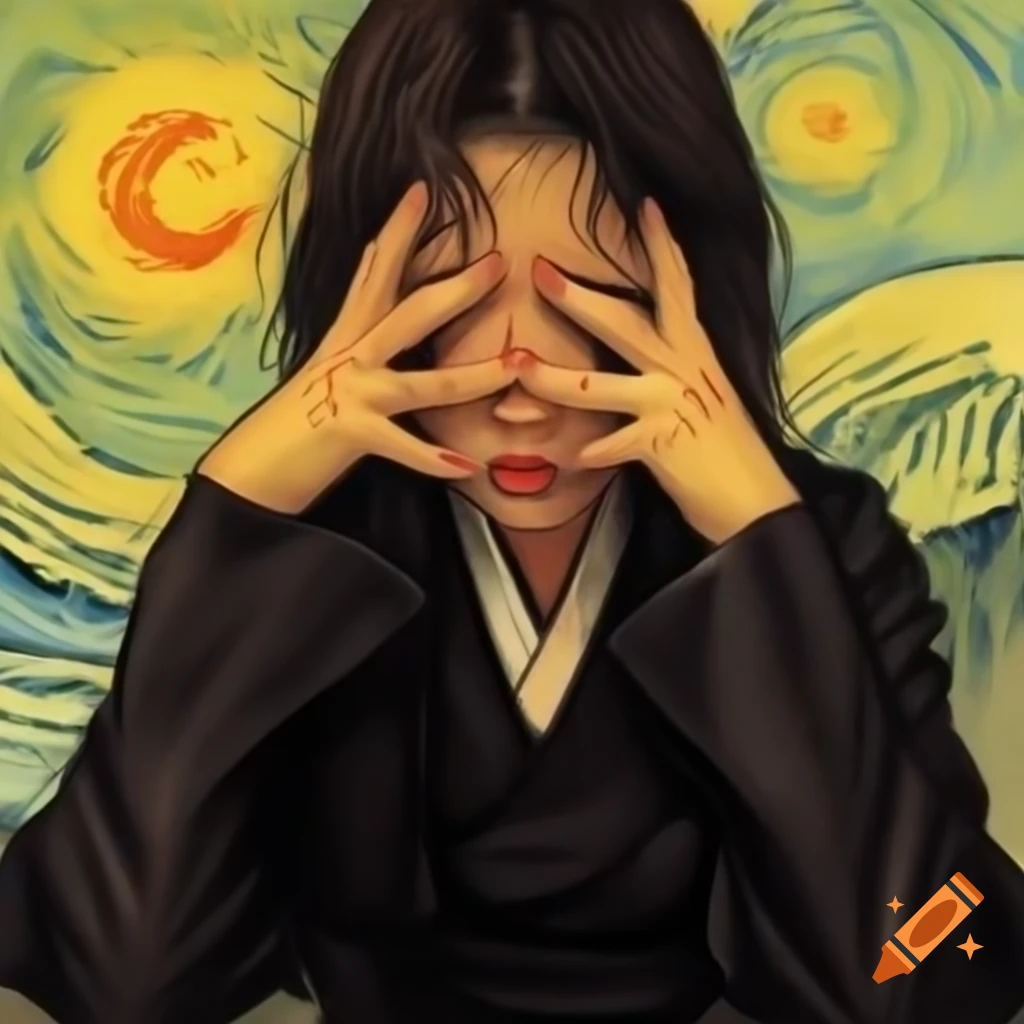 Stunning animated portrait of Korean woman in black, Van Gogh watercolor and Rembrandt style