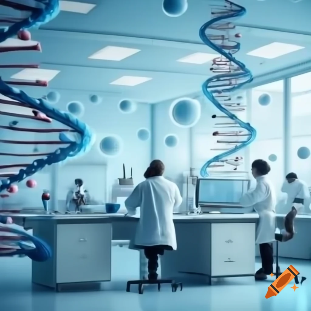 Researchers in ultra modern laboratory with DNA double helix and chromosomes