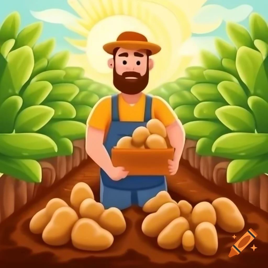 Bearded farmer with box of freshly-dug organic potatoes in sunlight
