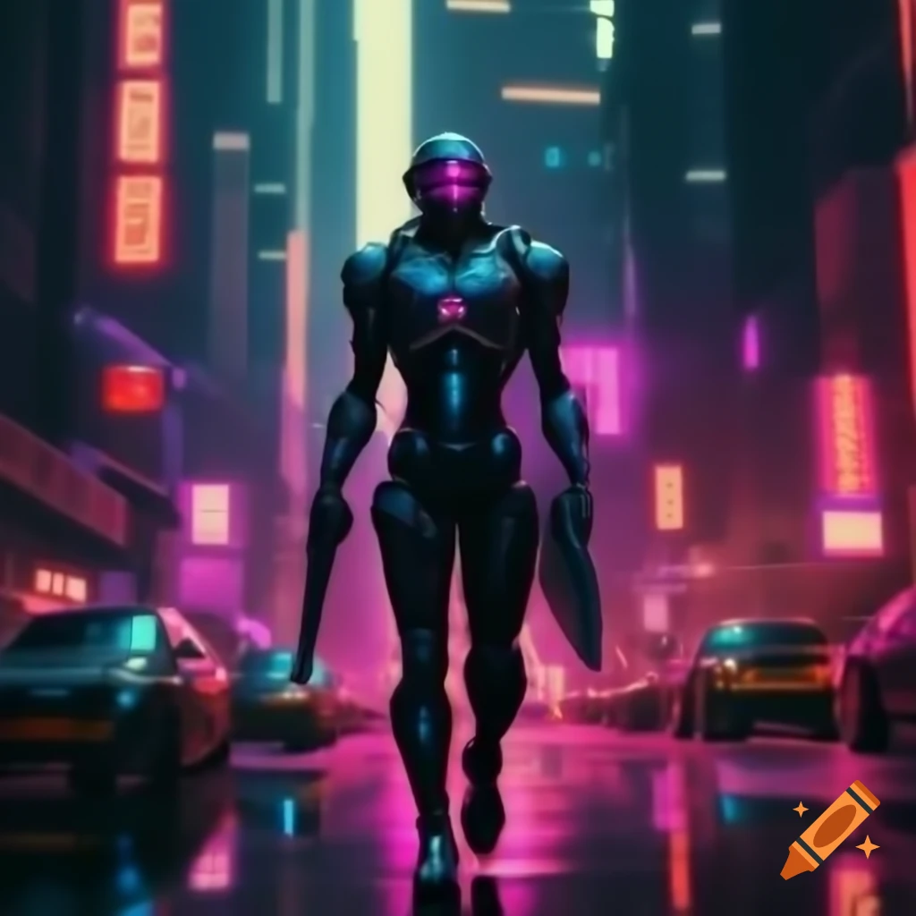 Cyborg warrior walking amid neon urban towers, glowing reflections