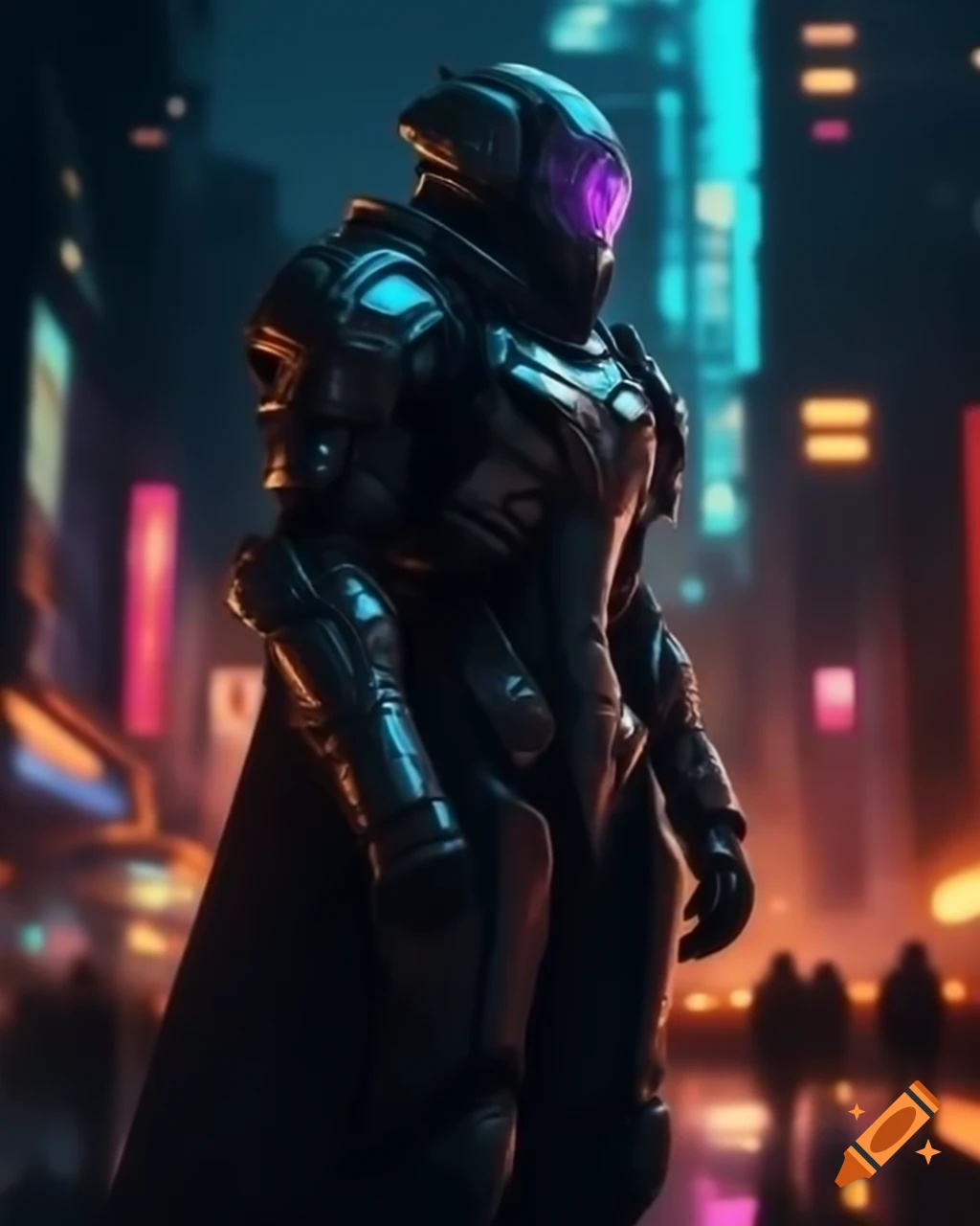 Cybernetic soldier in midnight armor silhouetted against iridescent city with neon light