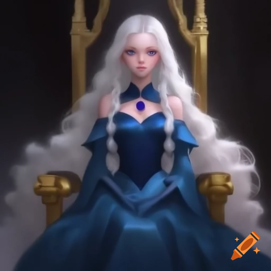 Young empress with white hair and blue streak on golden throne in sapphire dress