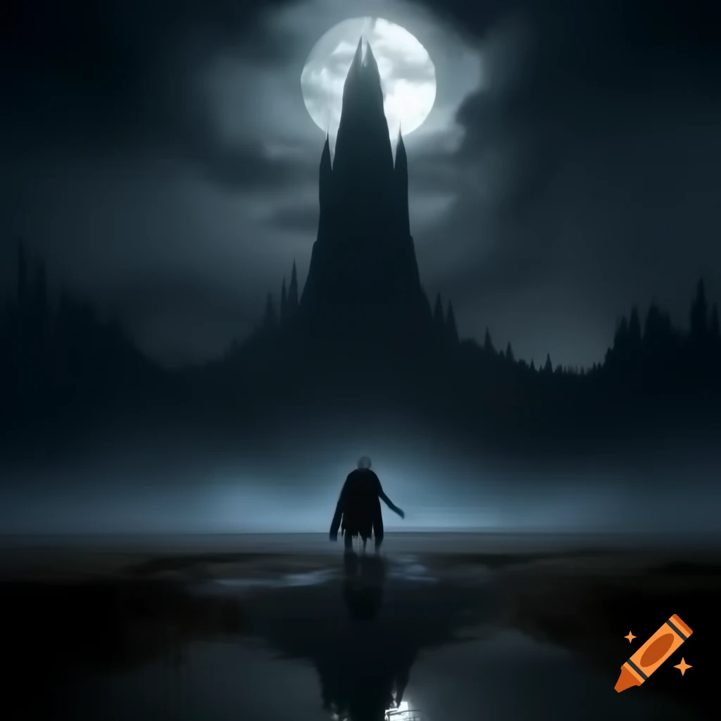Knight facing dark tower in foggy night with shining moon