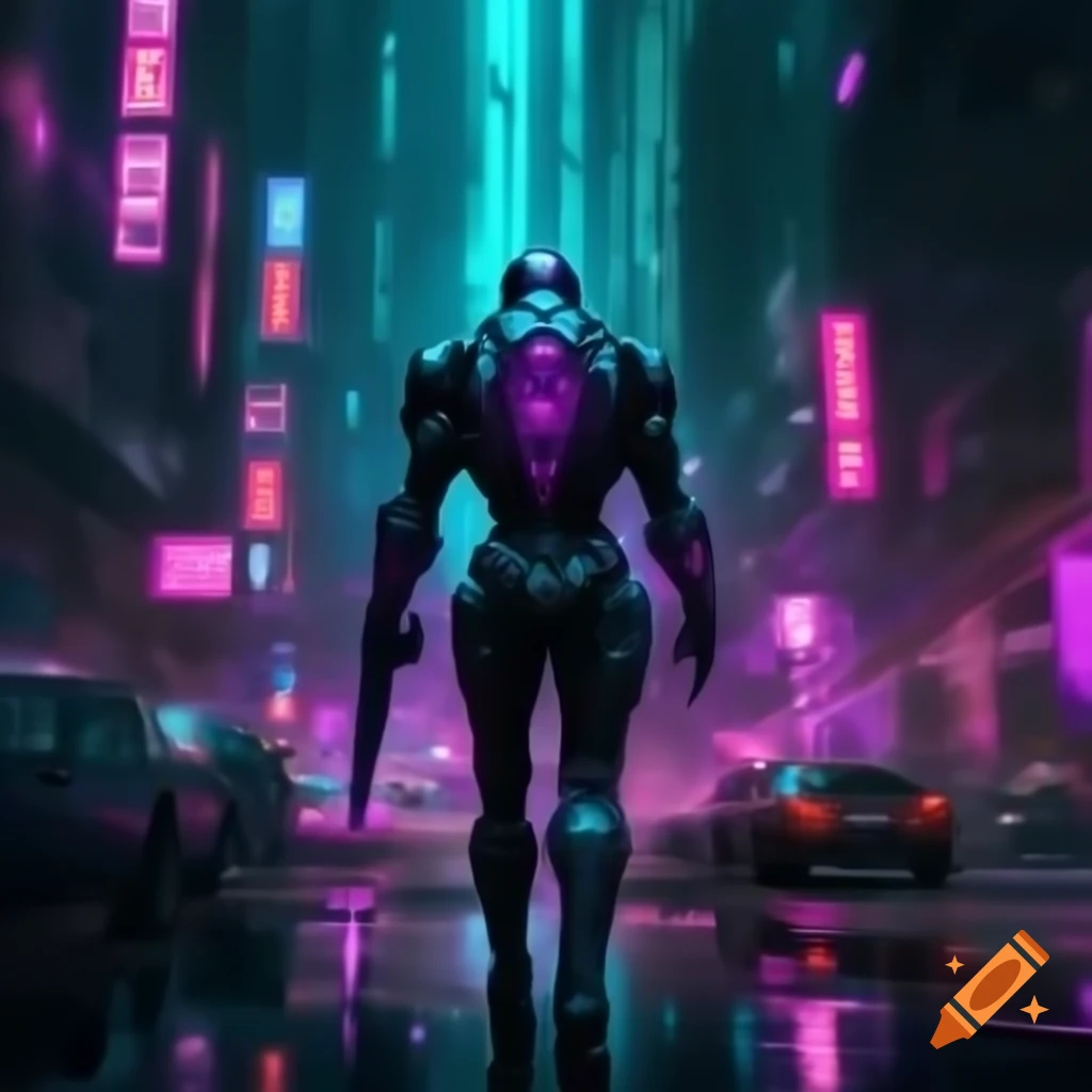 Cyborg warrior walking amid neon urban towers, glowing reflections