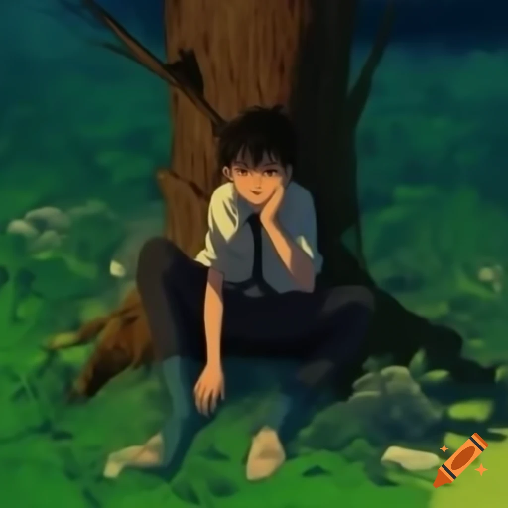 Anime boy character with sword sitting against tree in greenery
