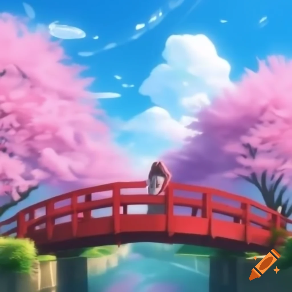 Red bridge with cherry blossoms in the background