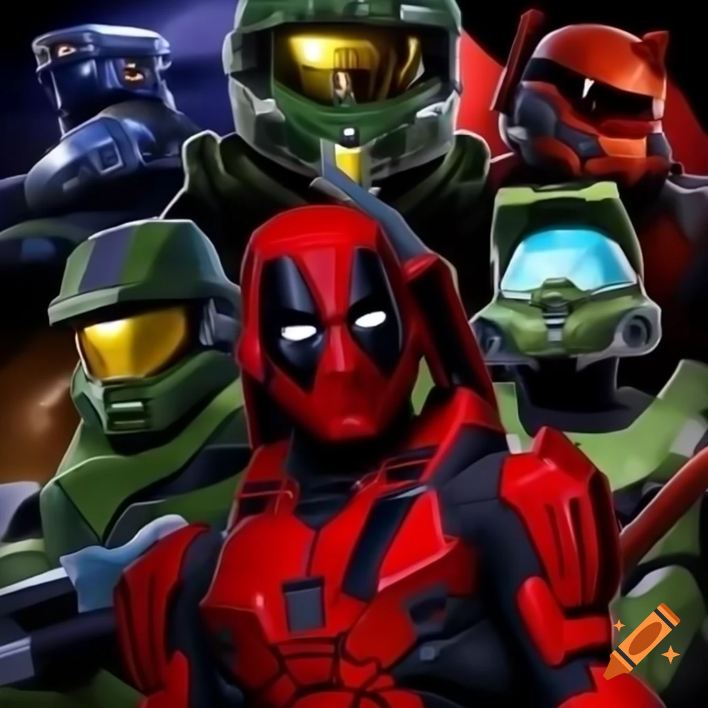 Collage of iconic characters including Master Chief, Doomguy, Deadpool, and figures from Evangelion and Death Note
