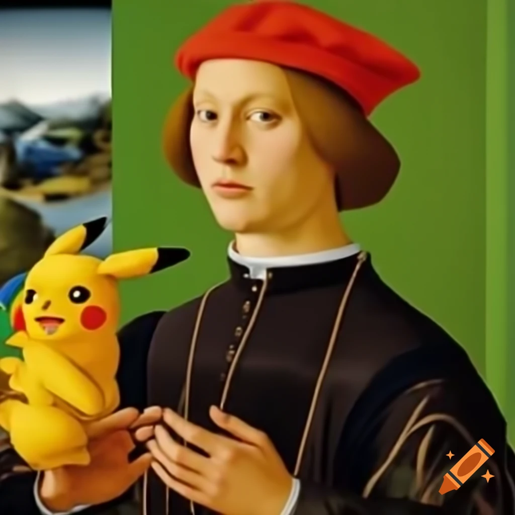 Pikachu in Renaissance style portrait wearing attire with a lake background