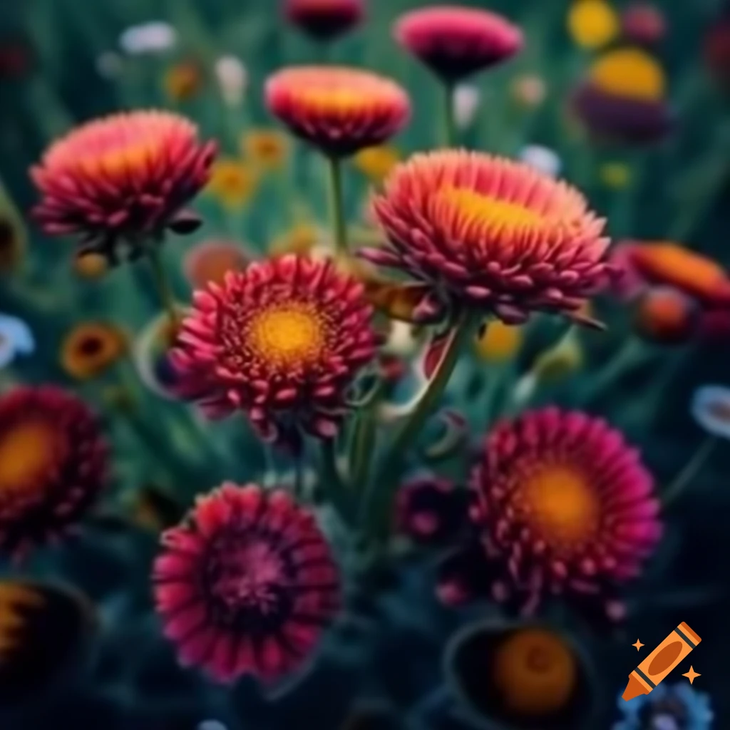 Abstract flowers in vibrant kaleidoscope blooming in a field