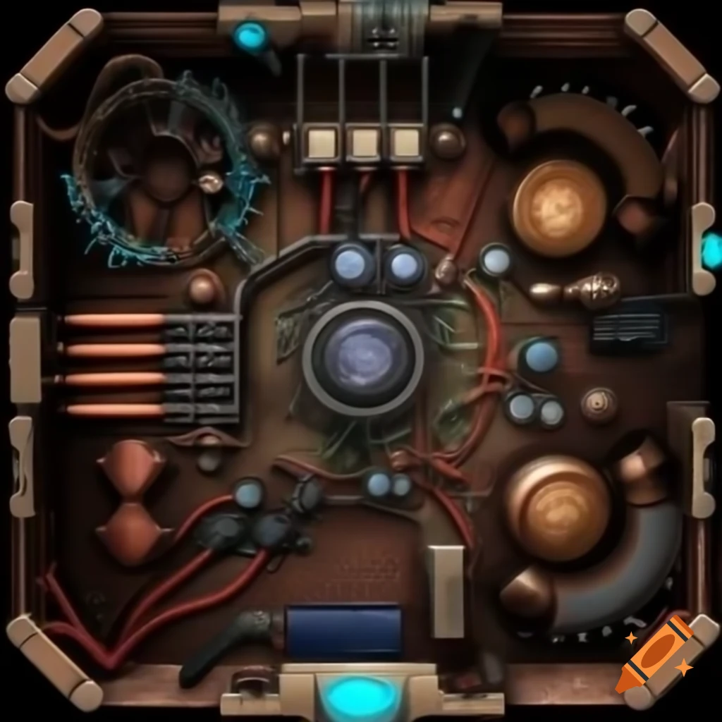 Interior of a mystical machine with brass and copper components and intricate wiring