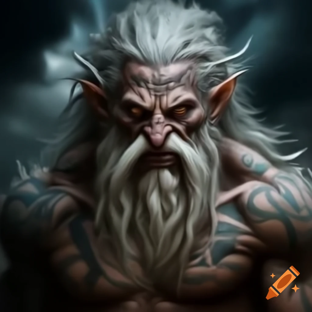 Formidable Goliath druid with gray skin, wild white hair, and tribal tattoos
