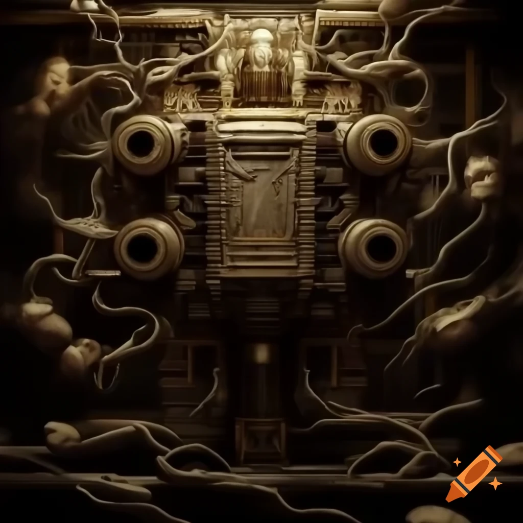 Oil painting of ancient artifact computing machine with intricate details