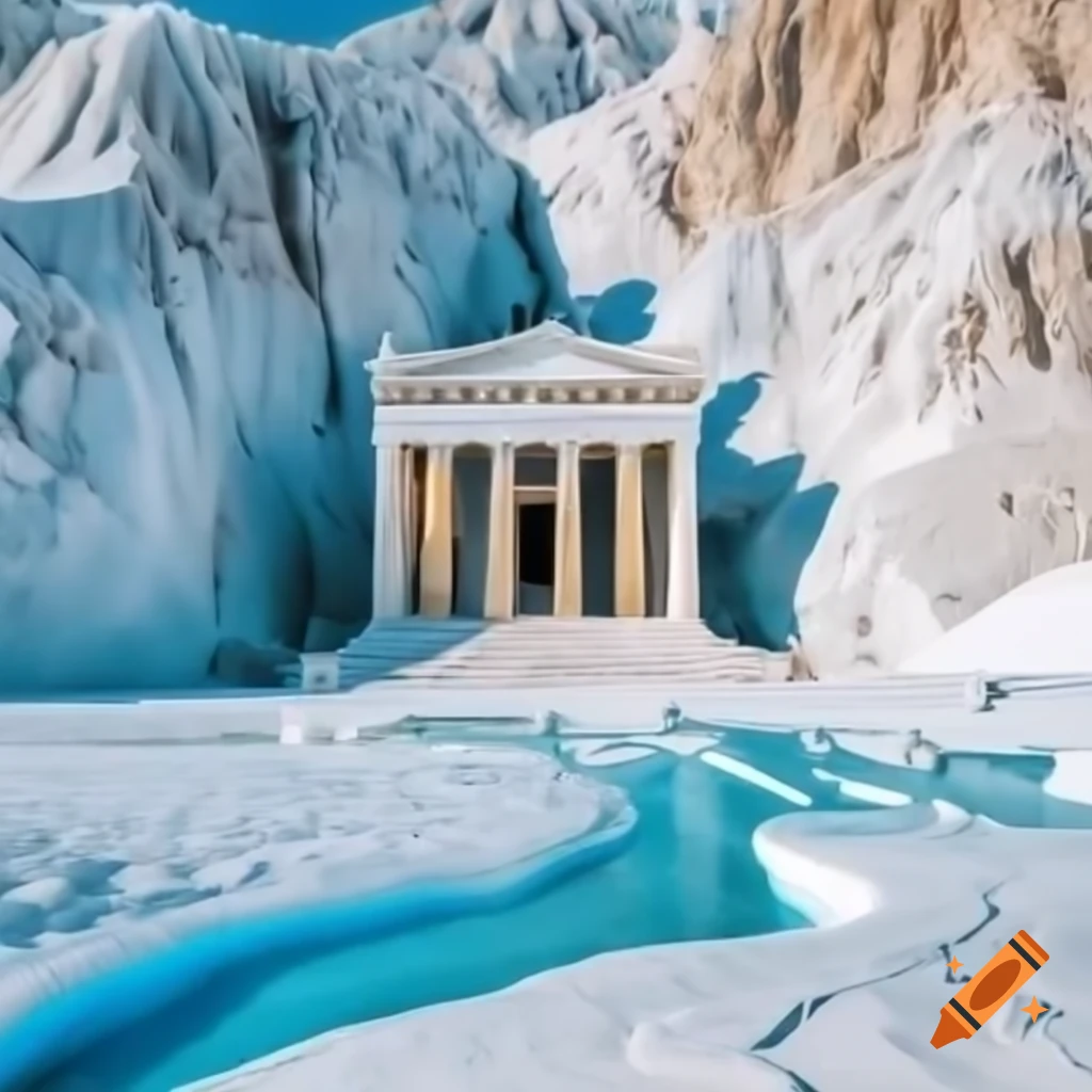 White marble Greek temple carved into mountainside with gold veins and blue stream