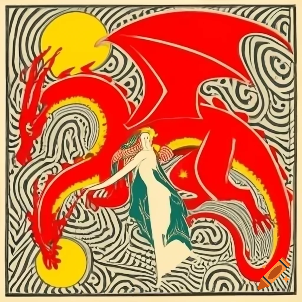 Art nouveau illustration of 'The Great Red Dragon and the Woman Clothed with Sun' with clean bold lines