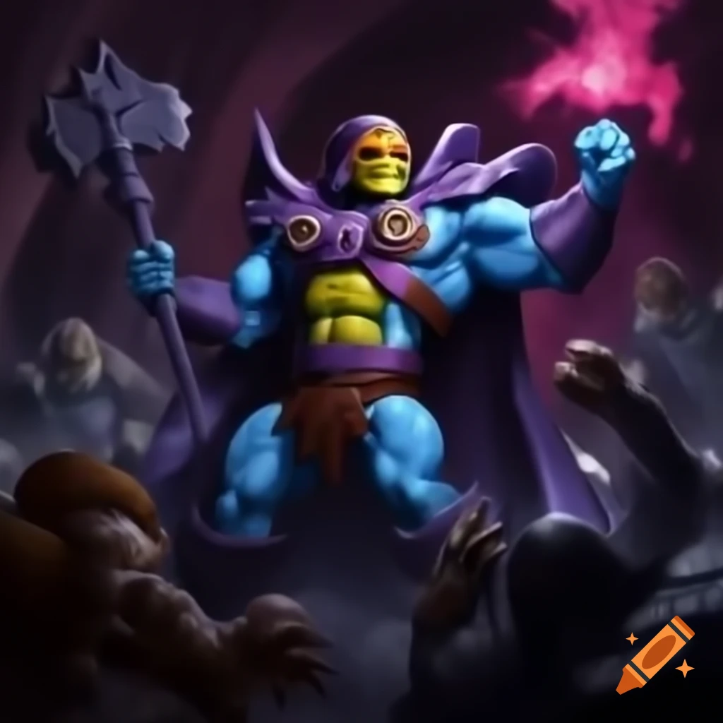Battle armor Skeletor facing off against battle armor He-Man