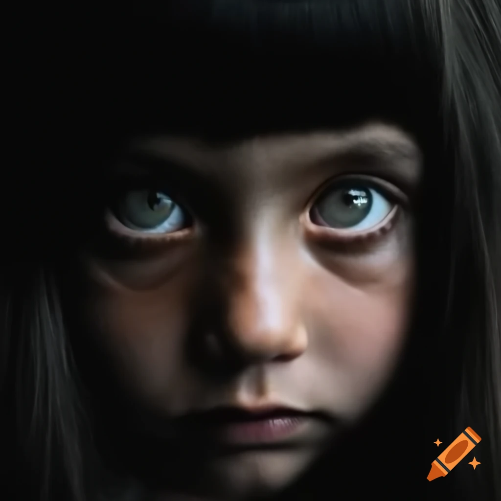 Girl with bulging eyes in dark, creepy aesthetic
