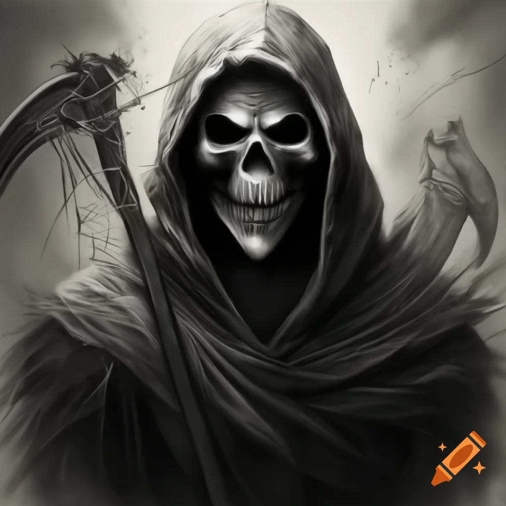 Stipple art featuring a reaper figure