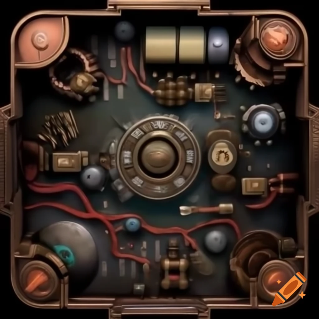 Interior of an intricate mystical machine with brass, copper, wires, and crystals