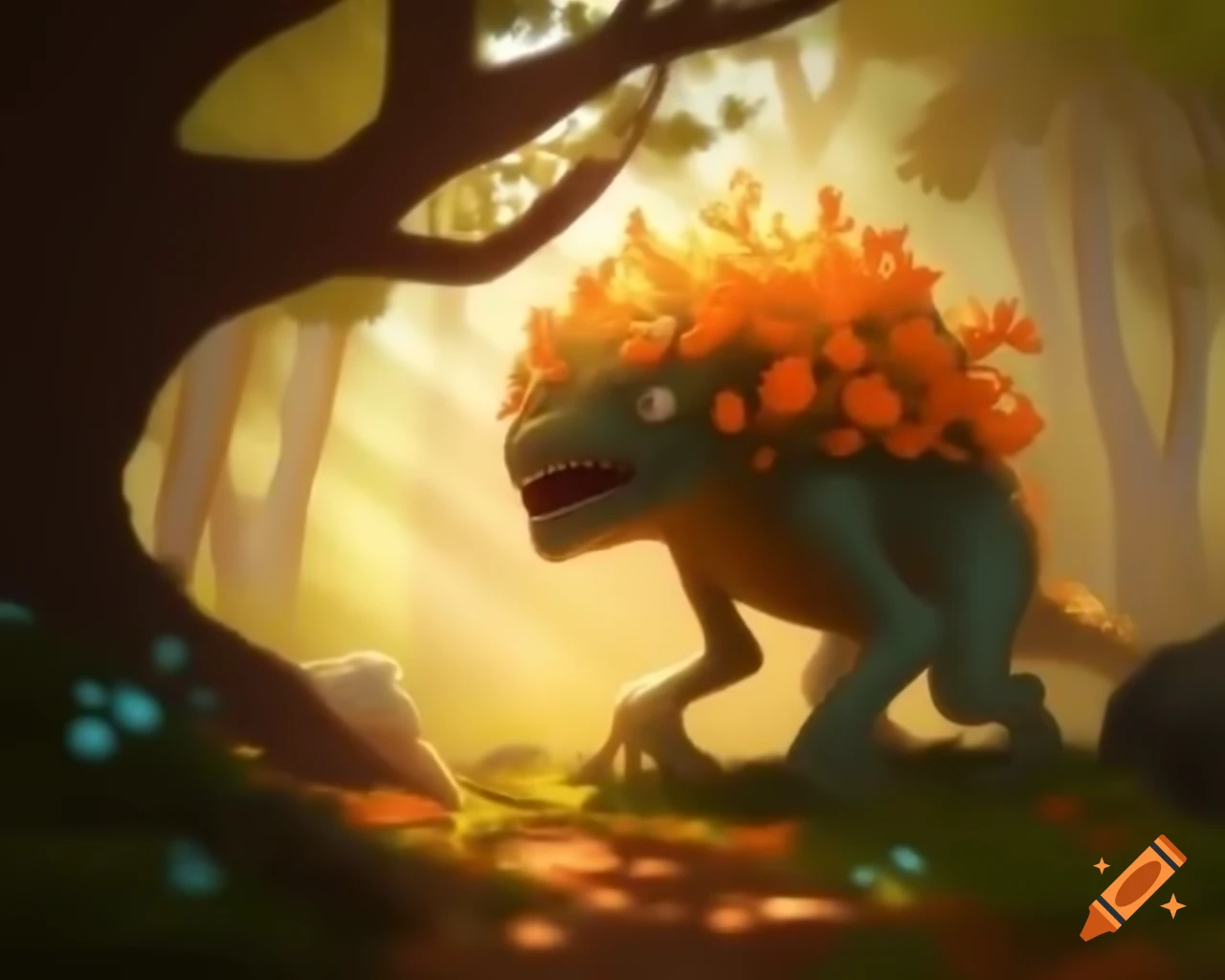 Realistic digital art of an orange tree monster in warm colors