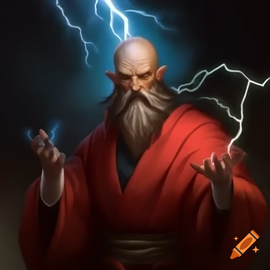 Renaissance painting of a fantasy sorcerer using lightning magic in red robes