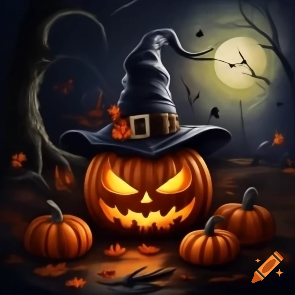 Spooky Halloween themed realism artwork in gouache, depicting fall scenery