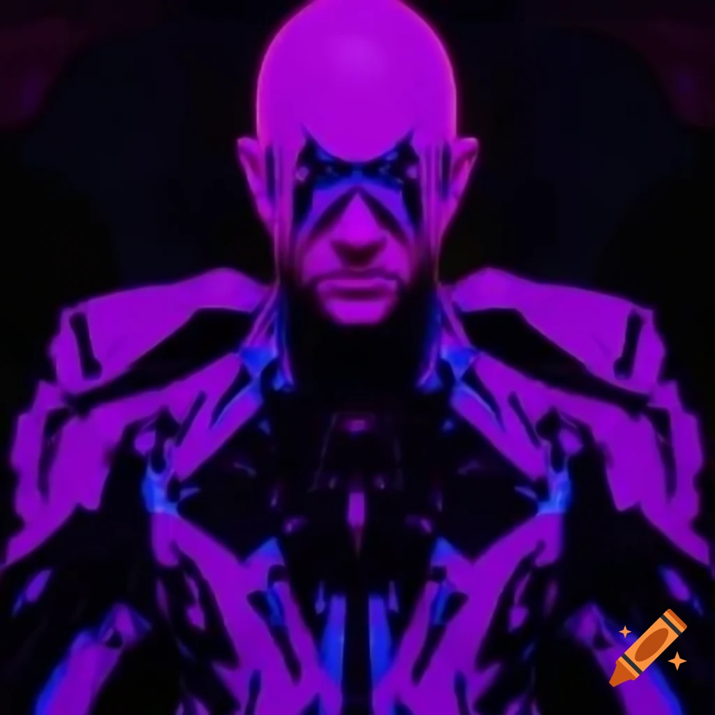 Character in purple suit with purple and black glitch effects