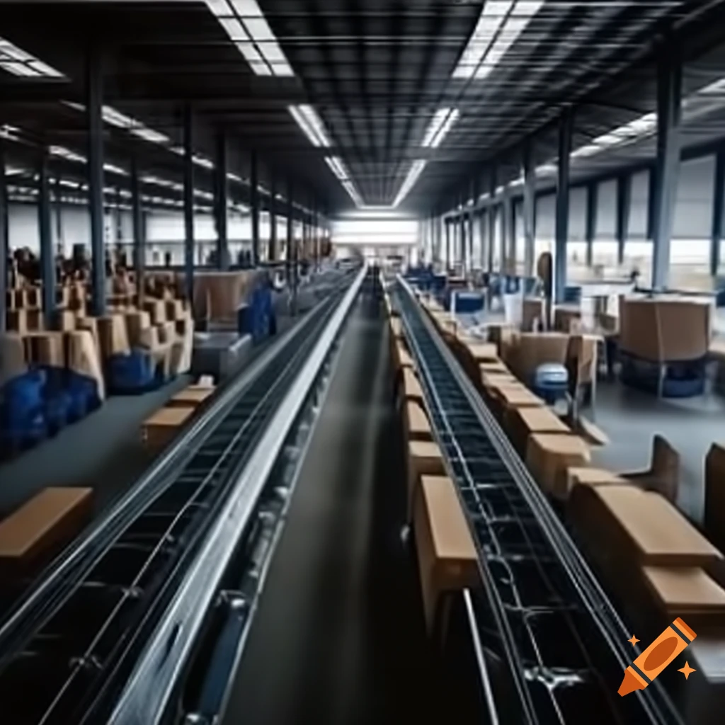 Busy warehouse with conveyor belts and workers handling boxes