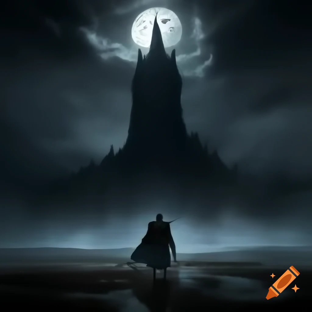 Knight facing dark tower in foggy night with shining moon