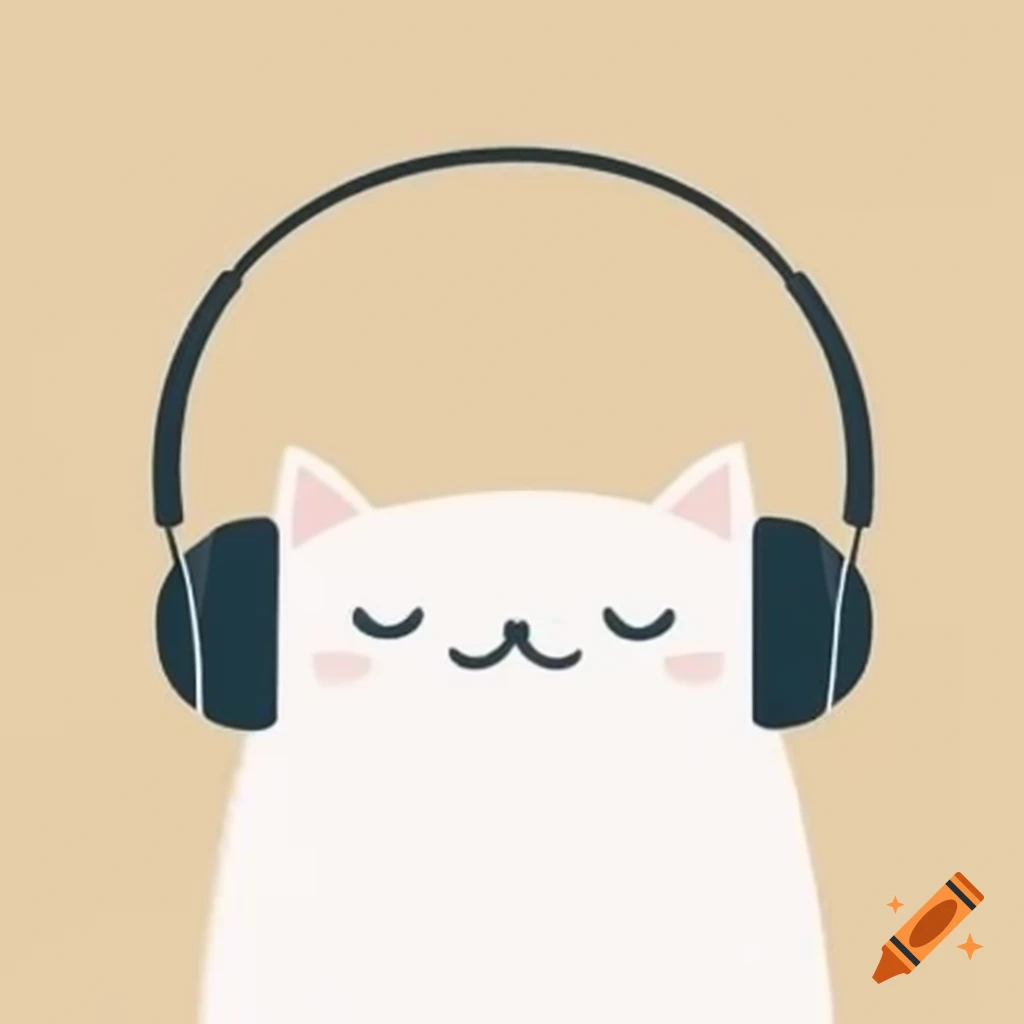 Faceless cat character wearing headphones on beige background