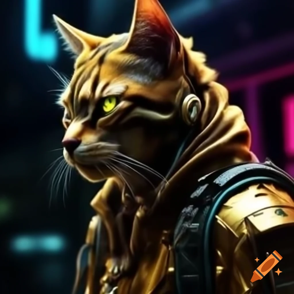 Glowing gold evil cat god in cyberpunk style