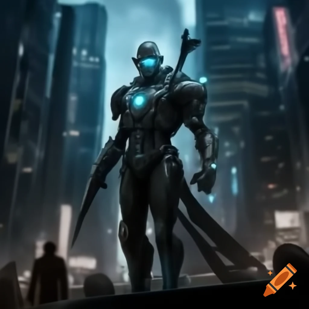 Cybernetic warrior standing above neon cityscape, highlighting glowing armor