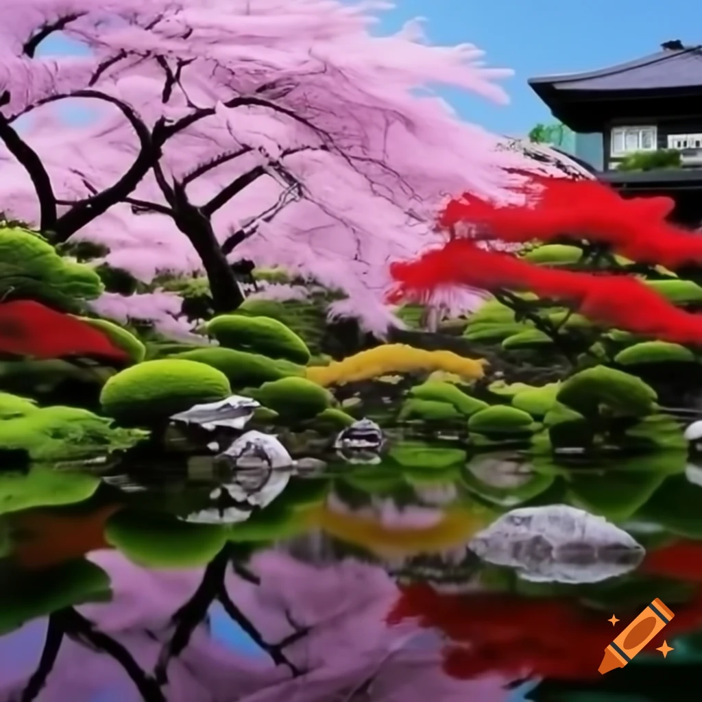 Japanese garden featuring cherry blossoms and still water