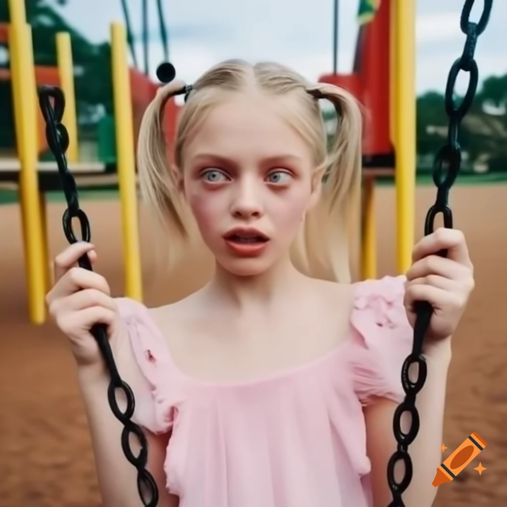 Young woman in pink dress swinging joyfully on a playground