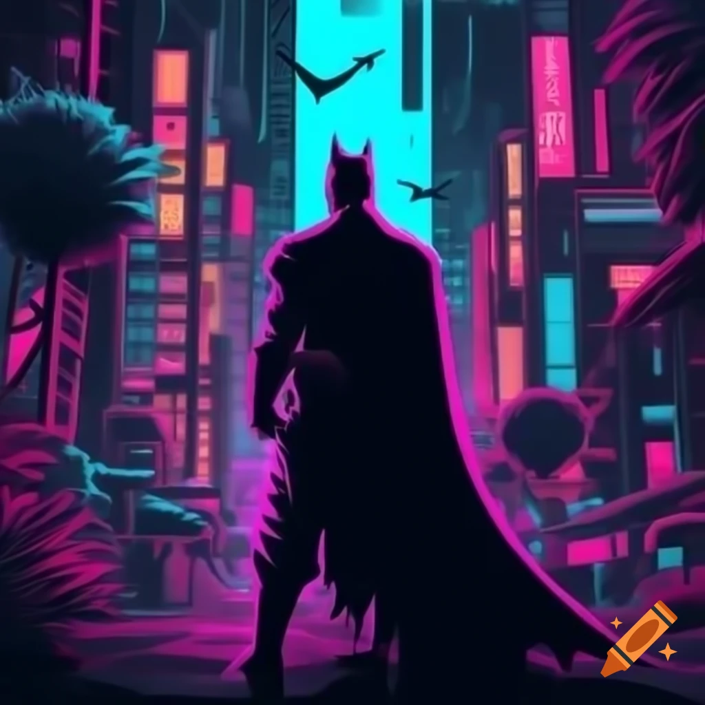 Batman and Super Saiyan Goku battling in vibrant flora with futuristic city in neon light
