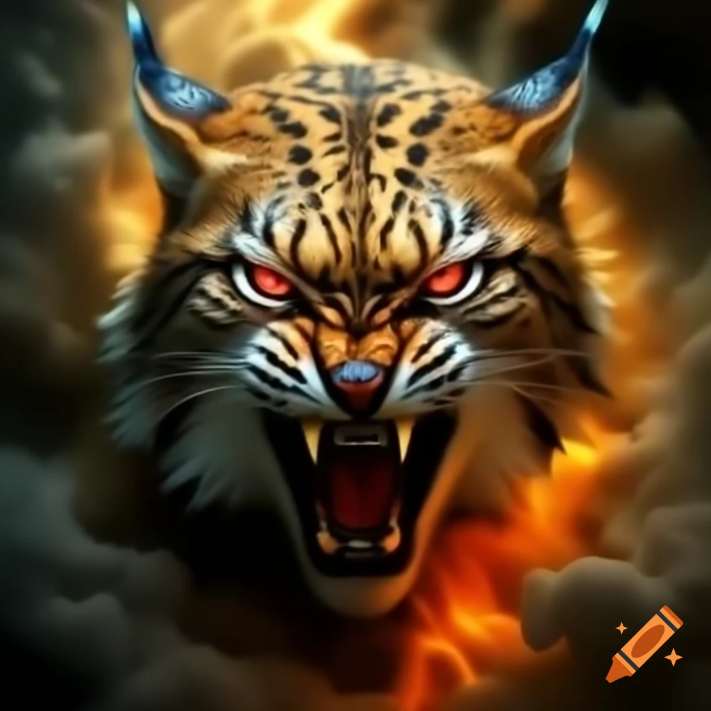 Lynx visage emerging from gold mist vortex with glowing red eyes