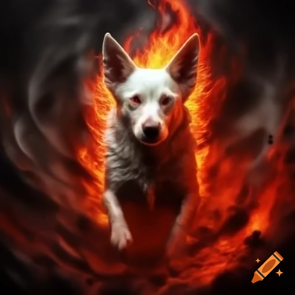 Photorealistic Corgi with fiery red eyes in swirling vortex of flames