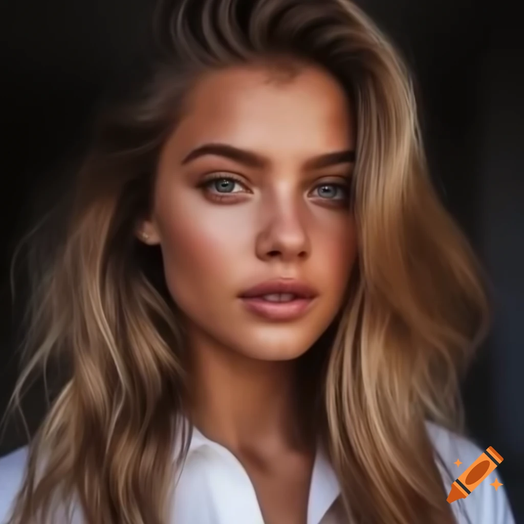 Beautiful blonde woman with long wavy hair in white shirt