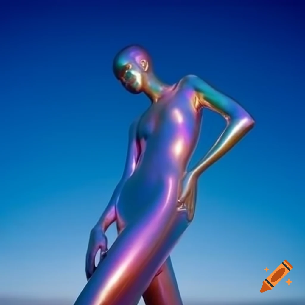 Pop surreal photography featuring iridescent statue against bright sky