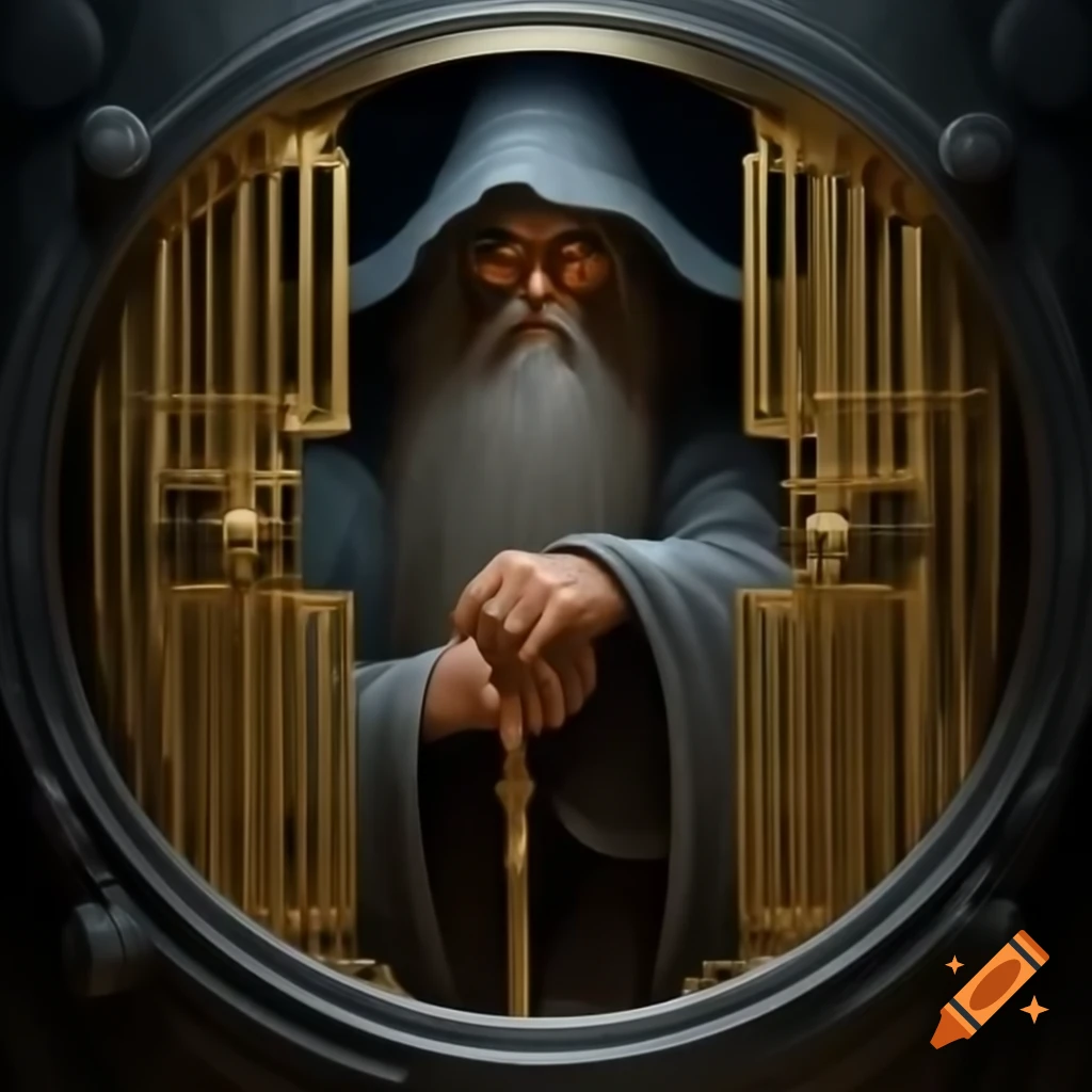 Gandalf with gold bars in a safe full of wealth