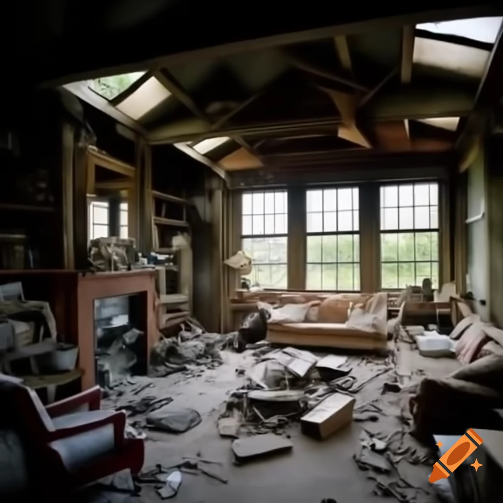 Destroyed living room with disarray and debris