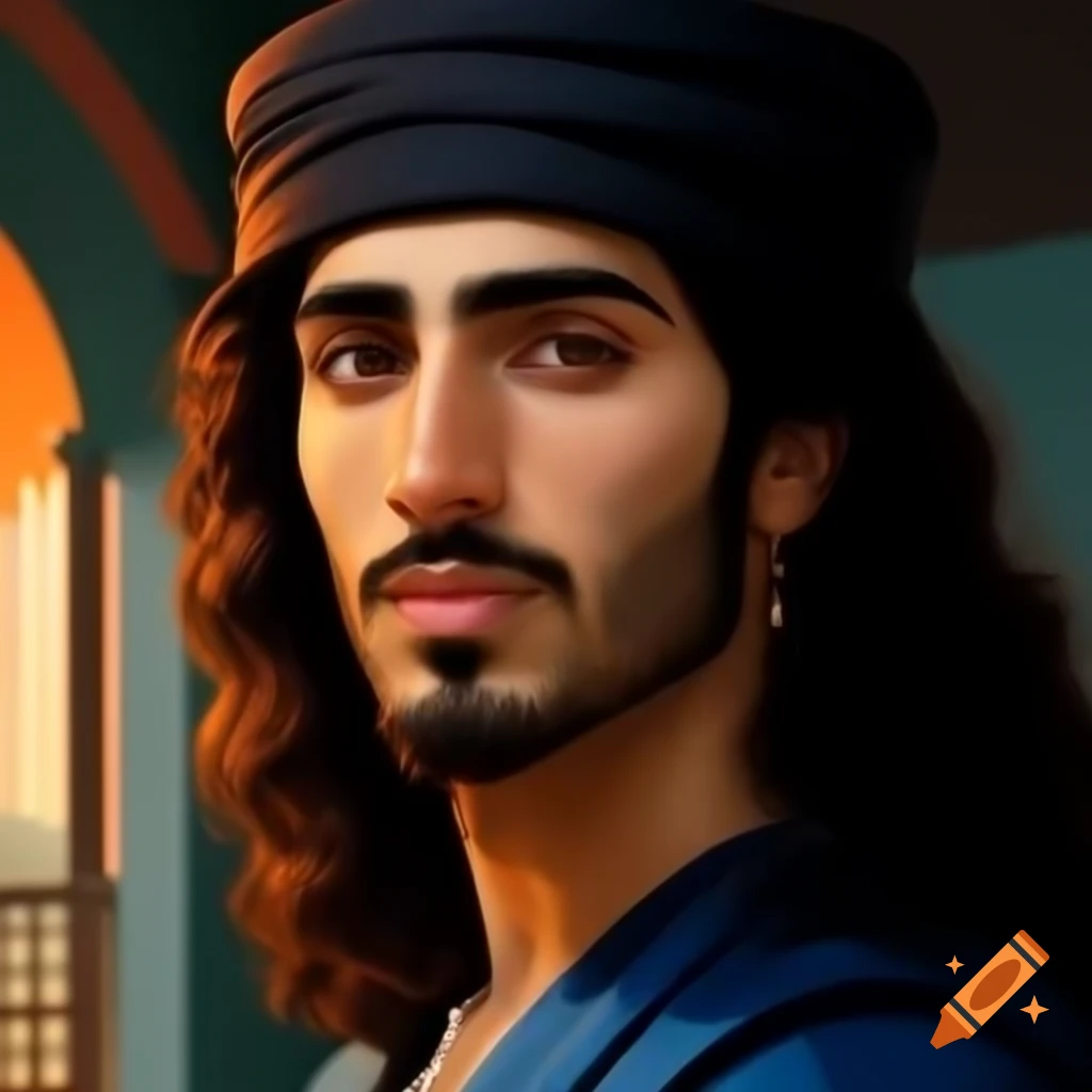 Stylized portrait of Arabic young man with curly hair and vibrant orange eyes in Renaissance style