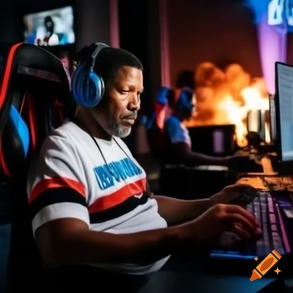 Denzel Washington gaming with exploding computers in backdrop